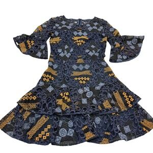 PROSE & POETRY Dress Womens X Small Blue Gold Eyelet Tiered Bell Sleeve Anthro‎
